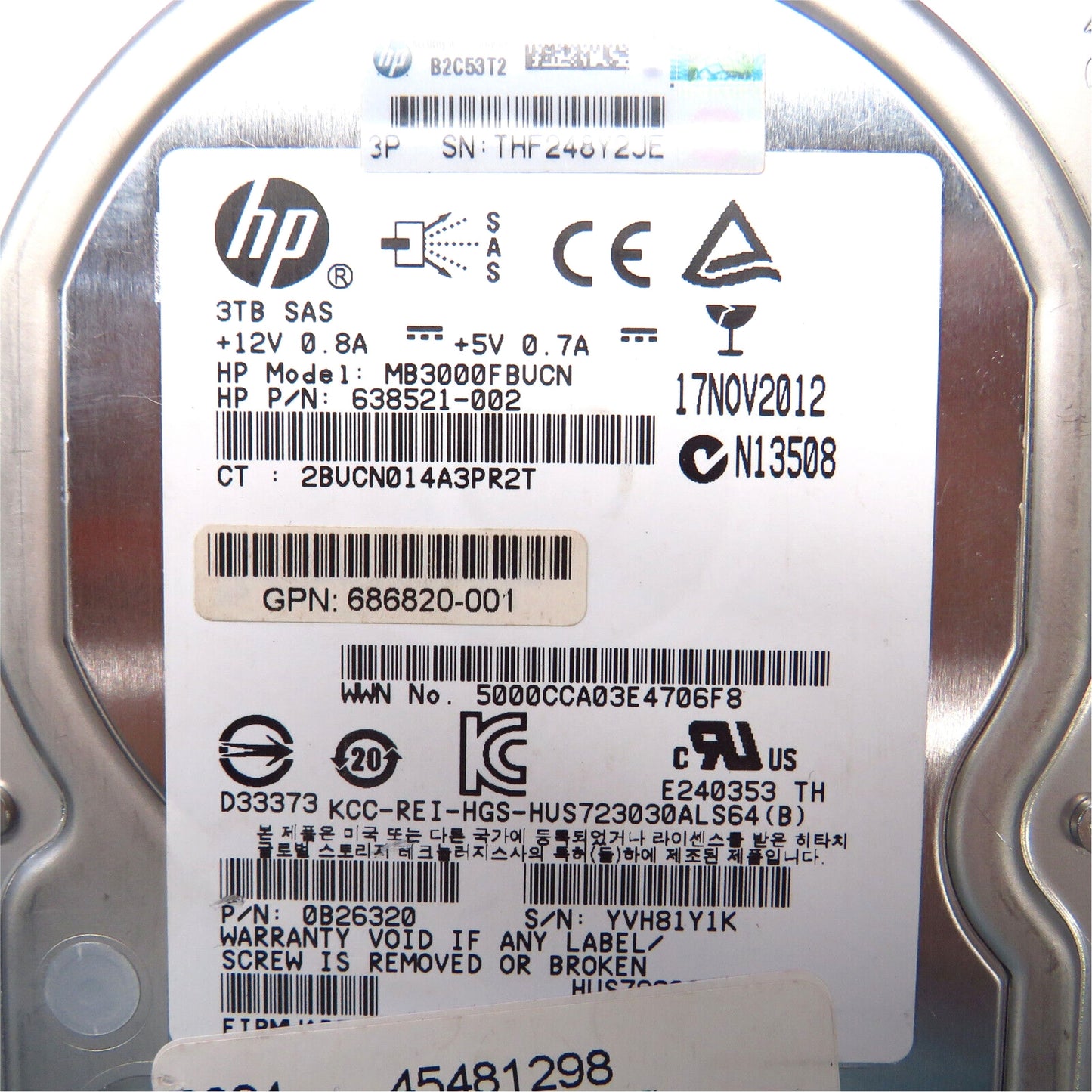 HP 687045-001 3.5" 3TB 7200RPM SAS 6Gb/s Hard Disk Drive (HDD), Silver (Refurbished)