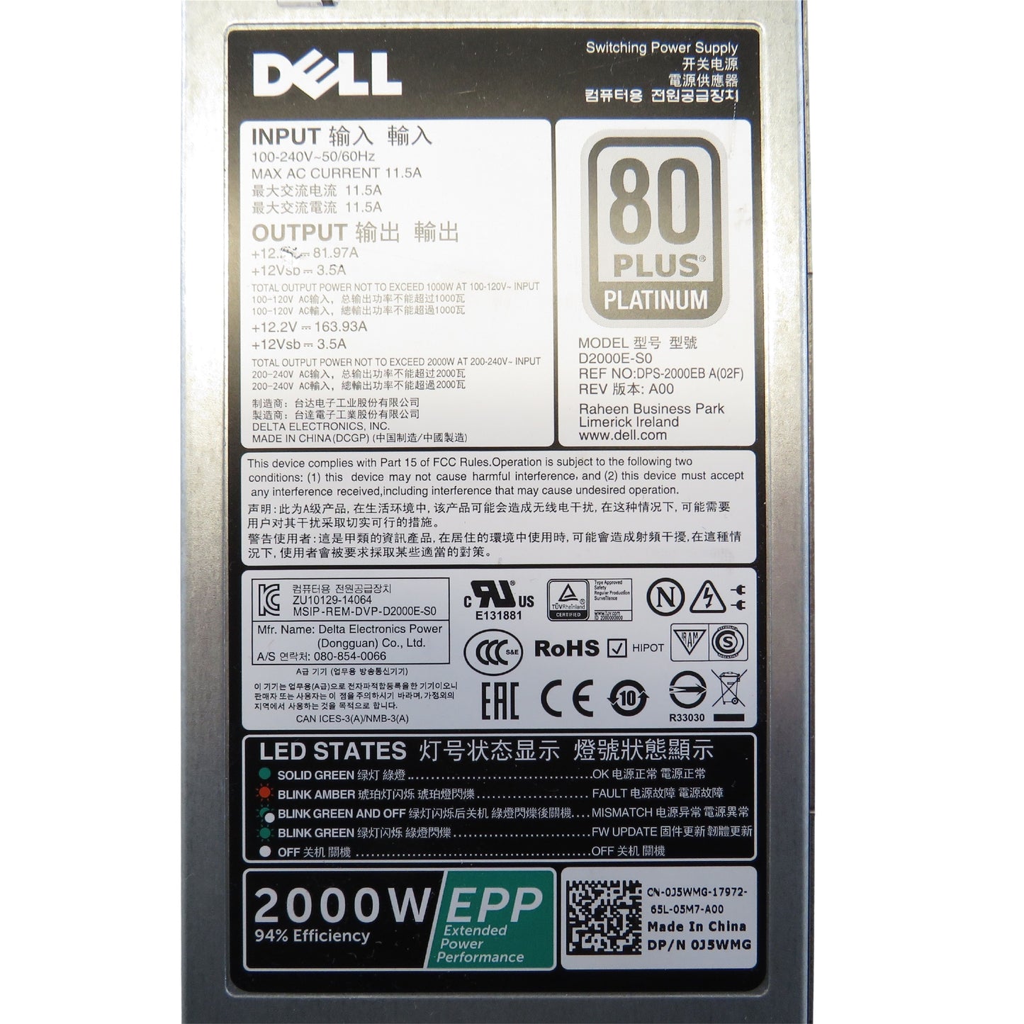Dell J5WMG 2000W PowerEdge FX2 R640 R740 Server Power Supply (Refurbished)