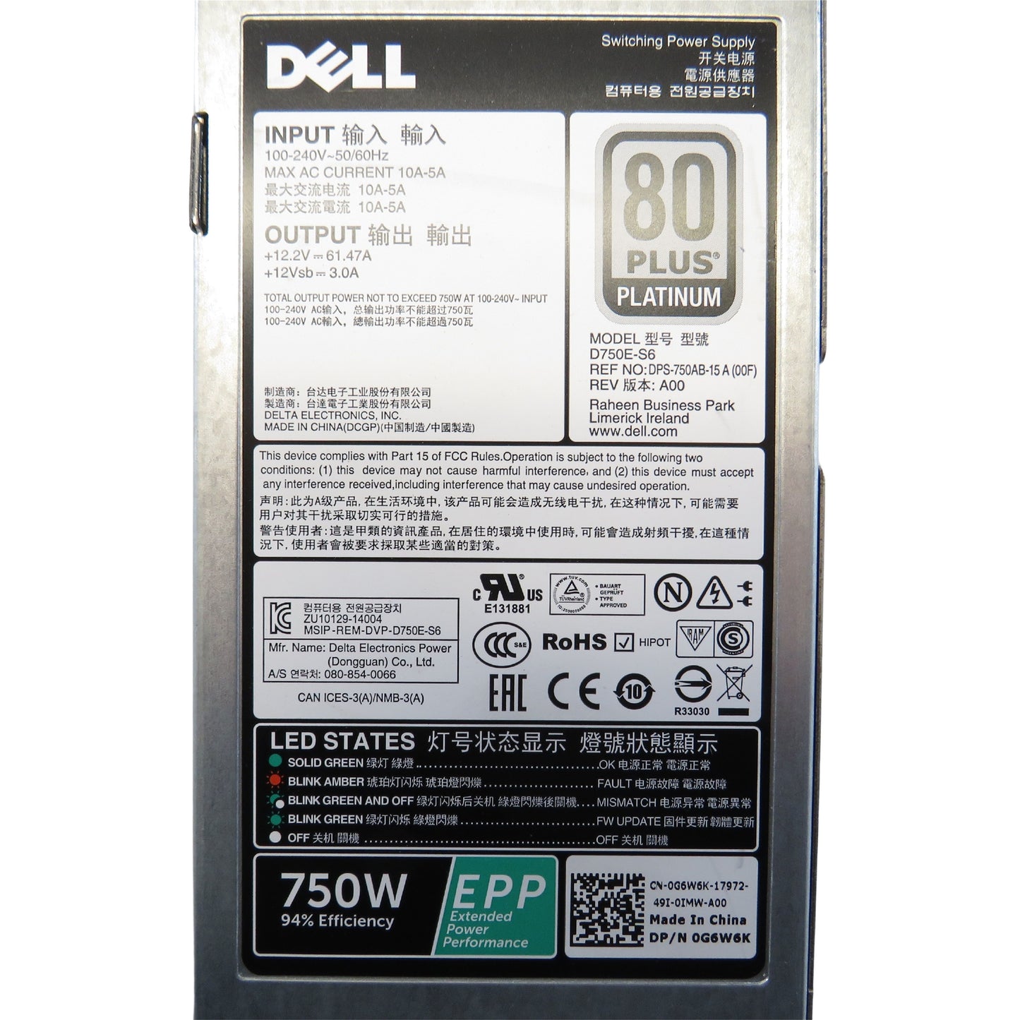 Dell G6W6K 750W PowerEdge R530 R630 R730 T630 T430 Server Power Supply (Refurbished)