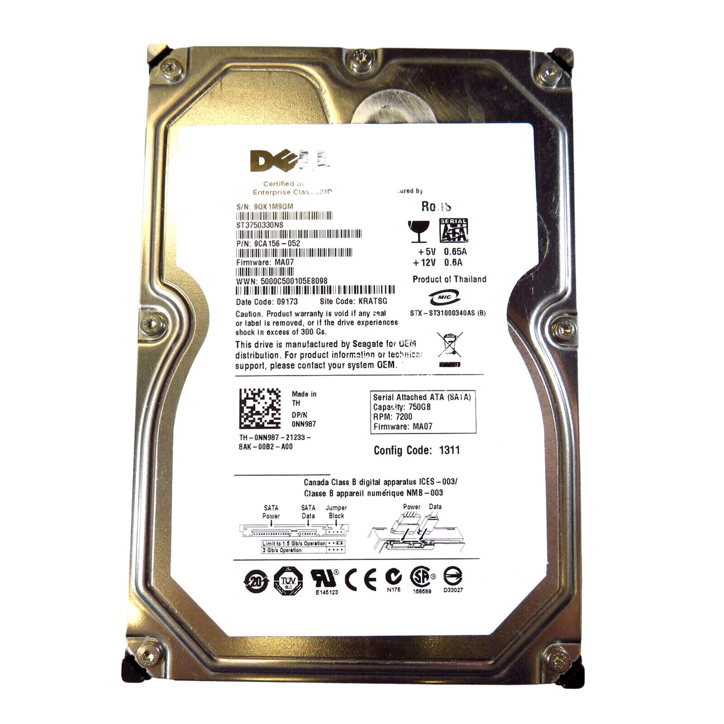 Dell NN987 3.5" 750GB 7200RPM SATA II Hard Disk Drive (HDD), Silver (Refurbished)