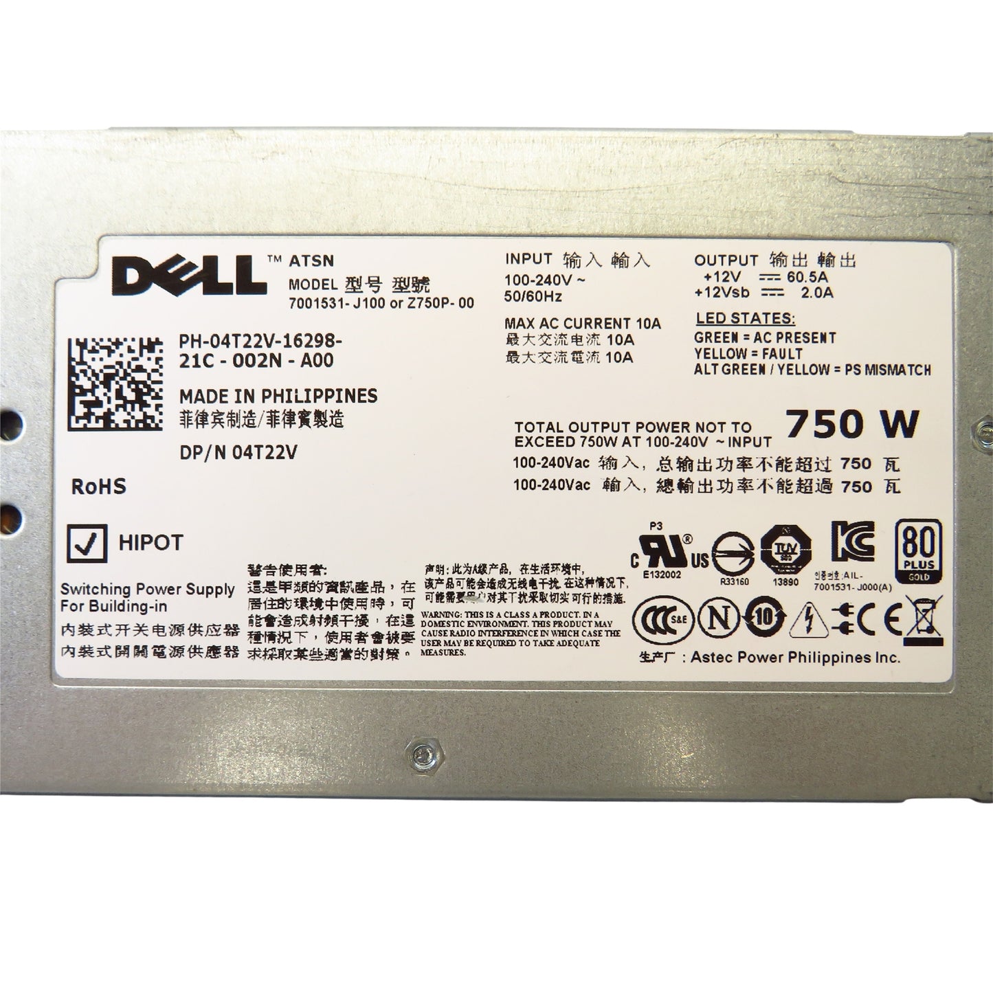 Dell 4T22V 750W R510 PowerEdge Hot Swap Server Power Supply (Refurbished)