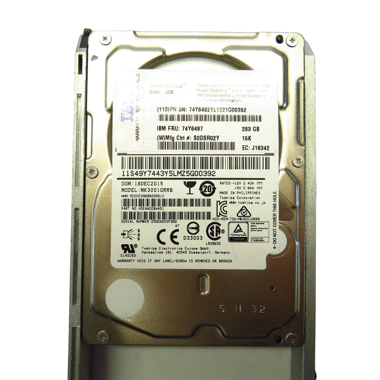 IBM 74Y6497 74Y6482 19B1 283GB 15K RPM 2.5" SAS 6Gbps HDD Hard Drive (Refurbished)