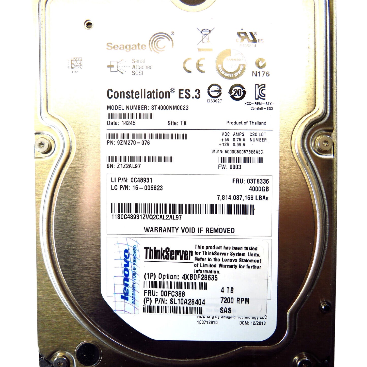 Lenovo 00FC388 3.5" 4TB 7200RPM SAS 6Gb/s Hard Disk Drive (HDD), Silver (Refurbished)