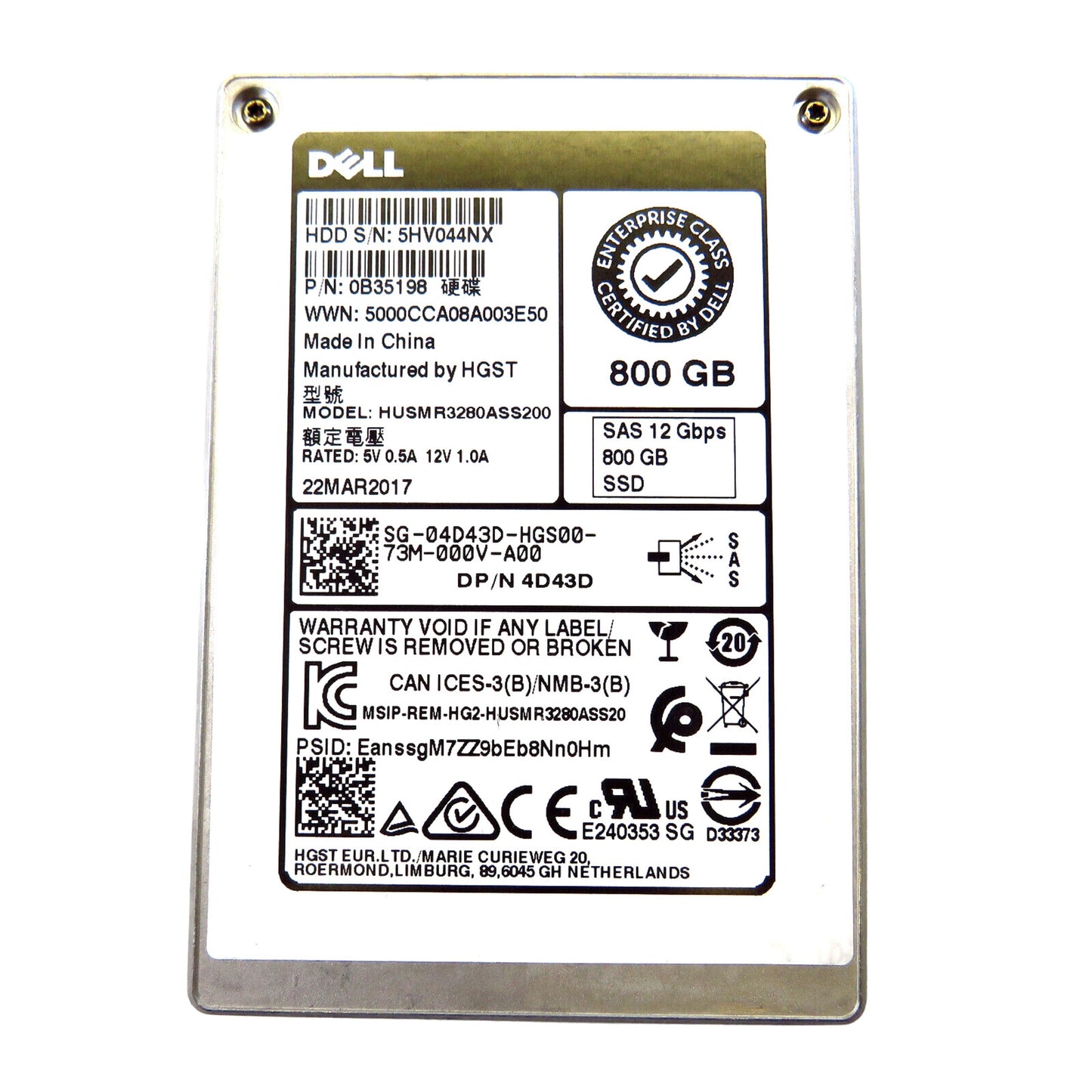 Dell 4D43D HUSMR3280ASS200 800GB 2.5" SAS 12Gbps Solid State Drive (Refurbished)
