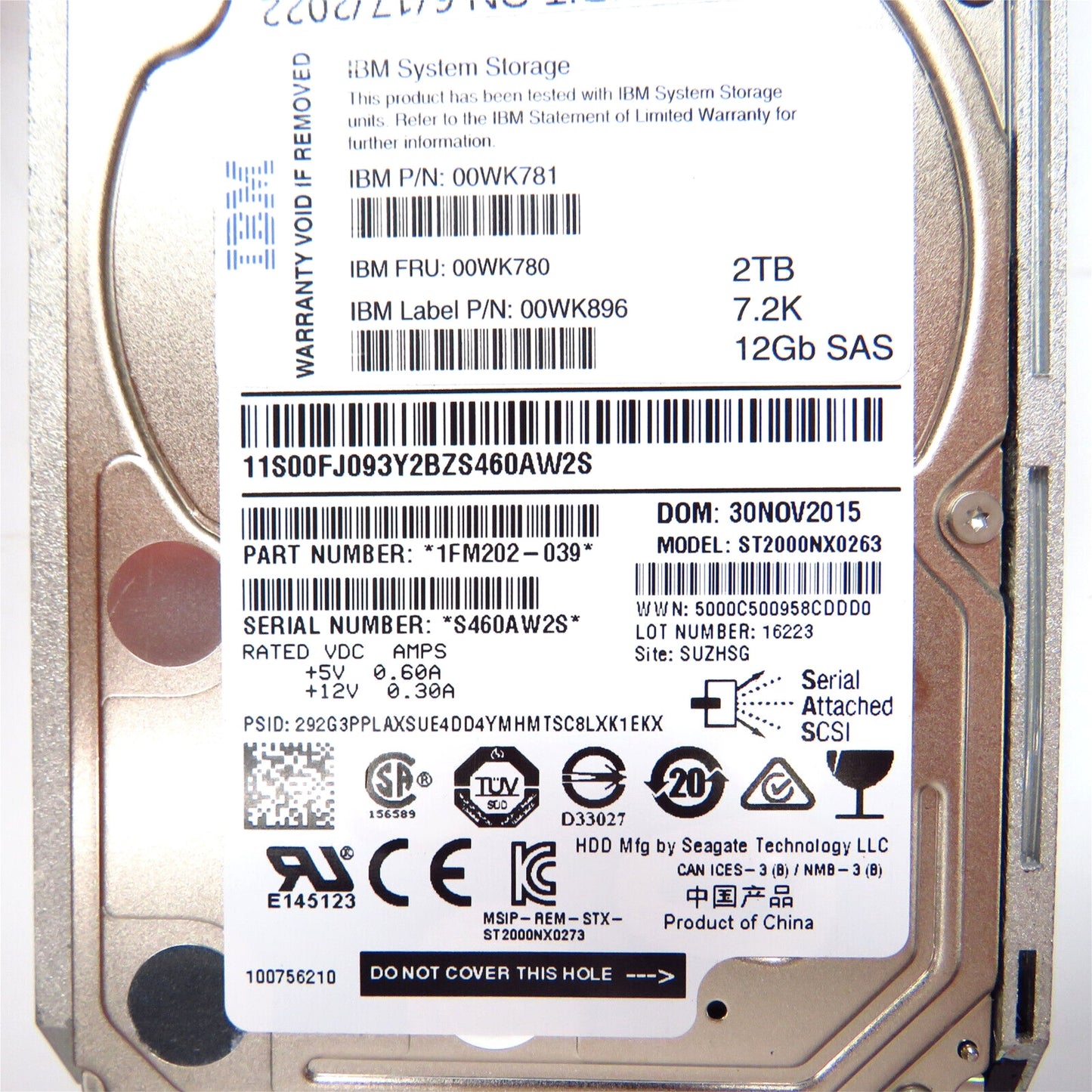 IBM 00WK780 2.5" 2TB 7200RPM SAS 12Gb/s Hard Disk Drive (HDD), Silver (Refurbished)