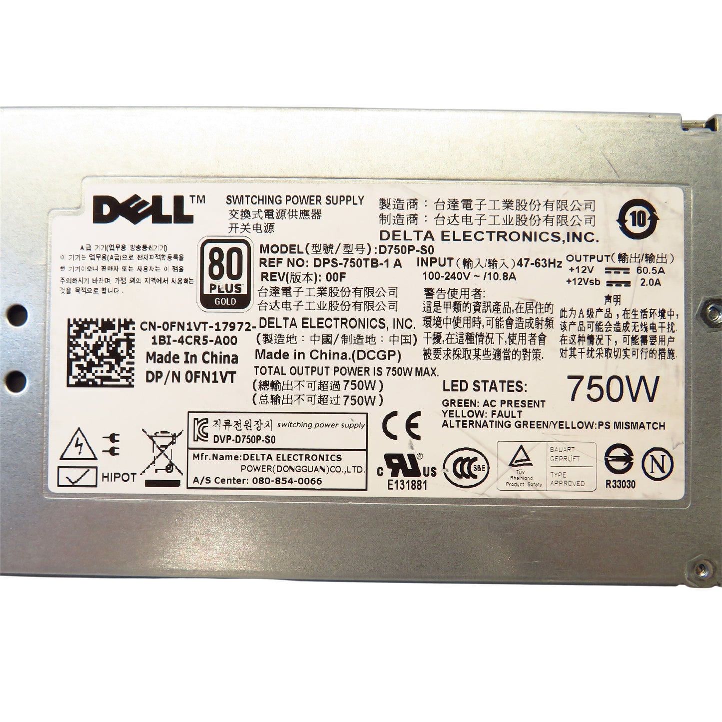 Dell FN1VT 750W R510 PowerEdge Hot Swap Server Power Supply (Refurbished)