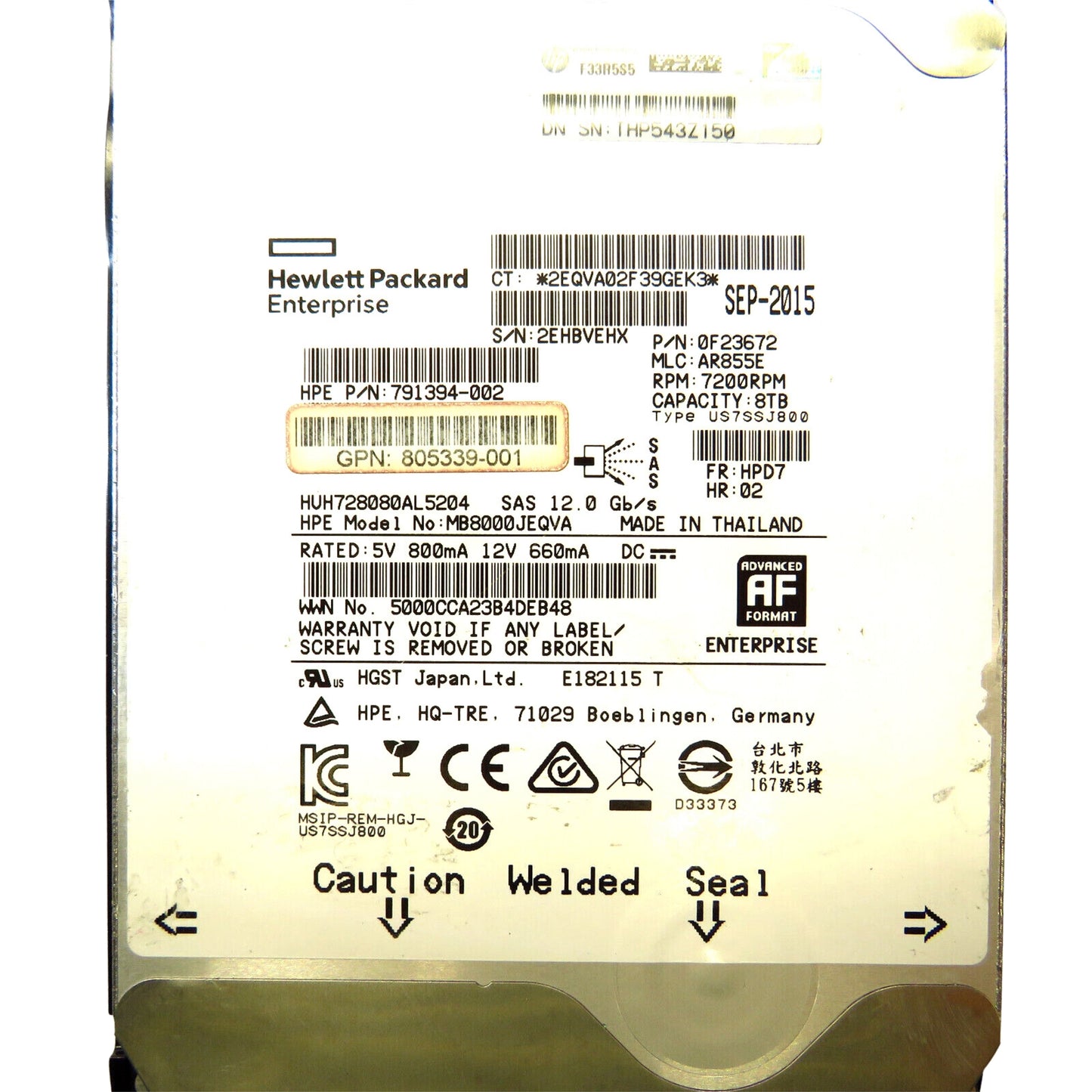 HP 805344-001 3.5" 8TB 7200RPM SAS 12Gb/s Hard Disk Drive (HDD), Silver (Refurbished)