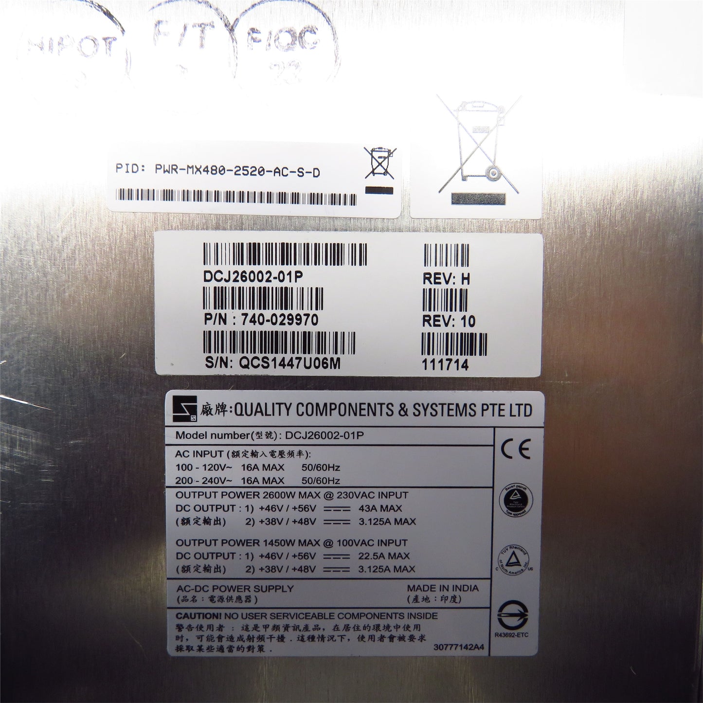 Juniper PWR-MX480-2520-AC 2520W AC Power Supply for MX480 & MX240 Routers (Refurbished)