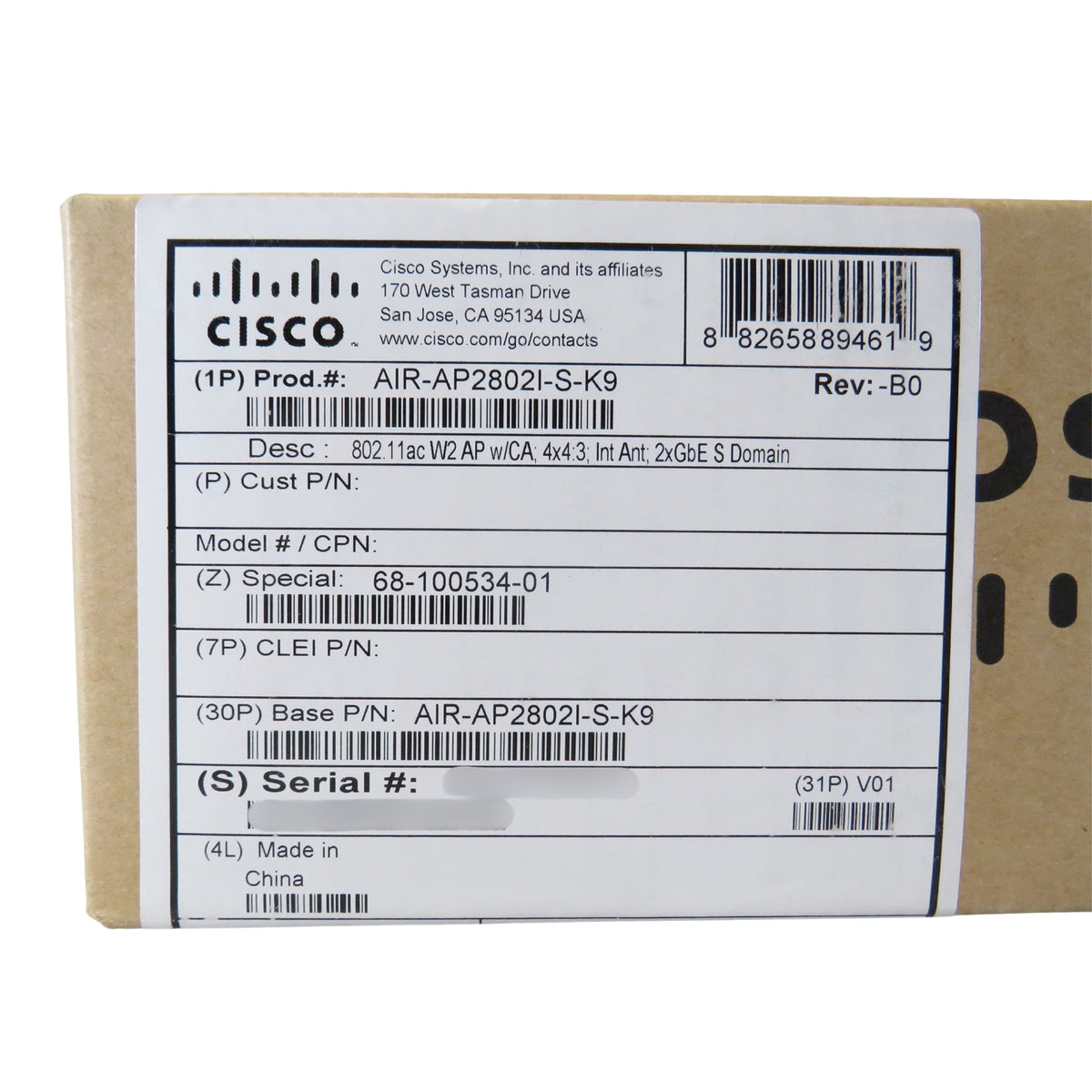 Cisco AIR-AP2802I-S-K9 802.11ac W2 AP w/ CA; 4x4:3; Int Ant; 2xGbE S Domain