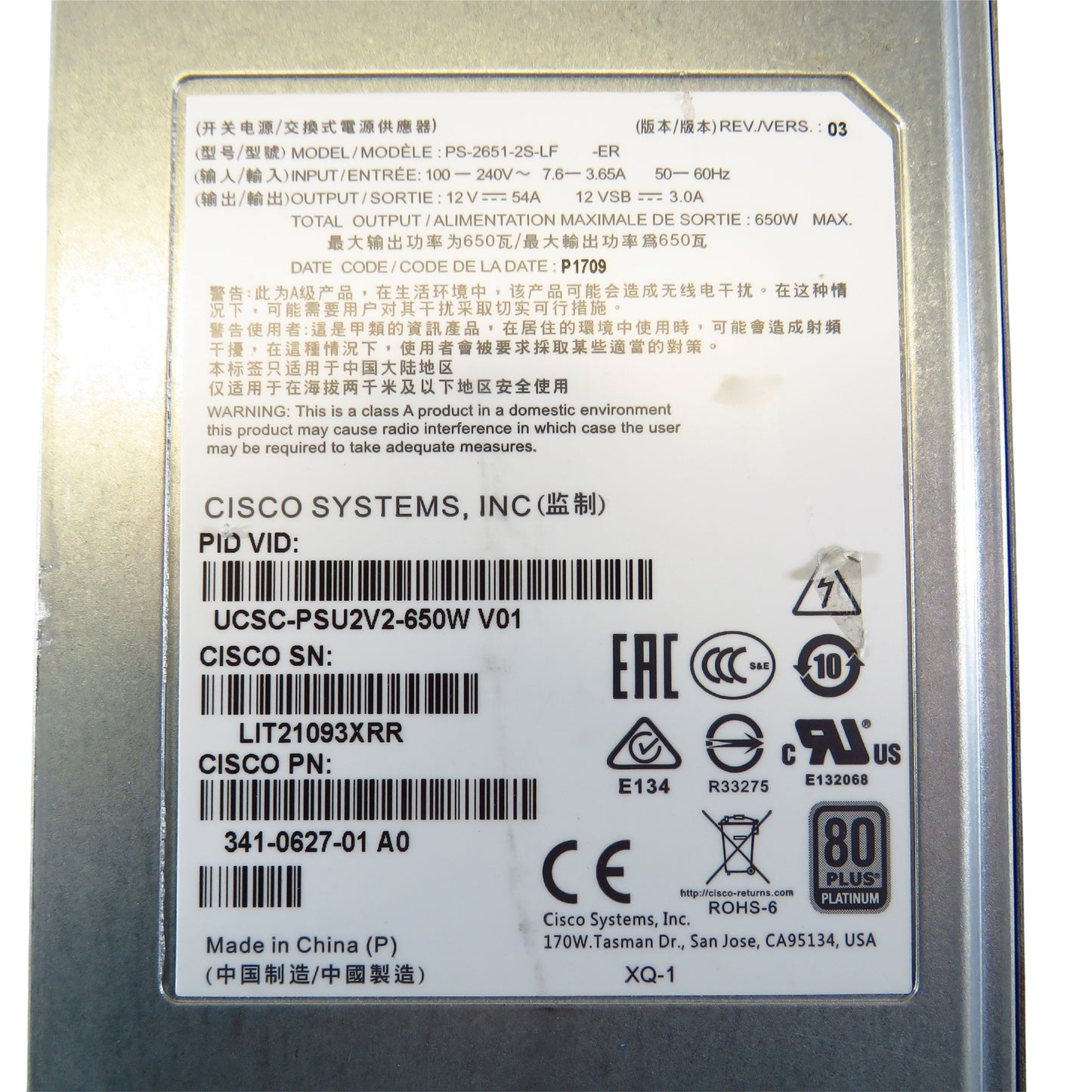 Cisco UCSC-PSU2V2-650W 650W V2 AC Power Supply for C-Series Servers (Refurbished)