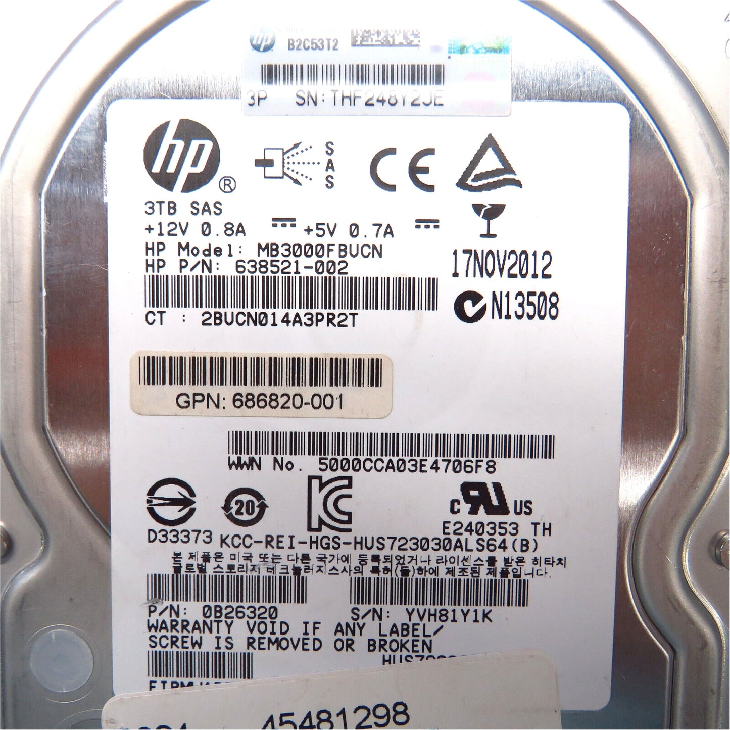 HP 687045-001 3.5" 3TB 7200RPM SAS 6Gb/s Hard Disk Drive (HDD), Silver (Refurbished)