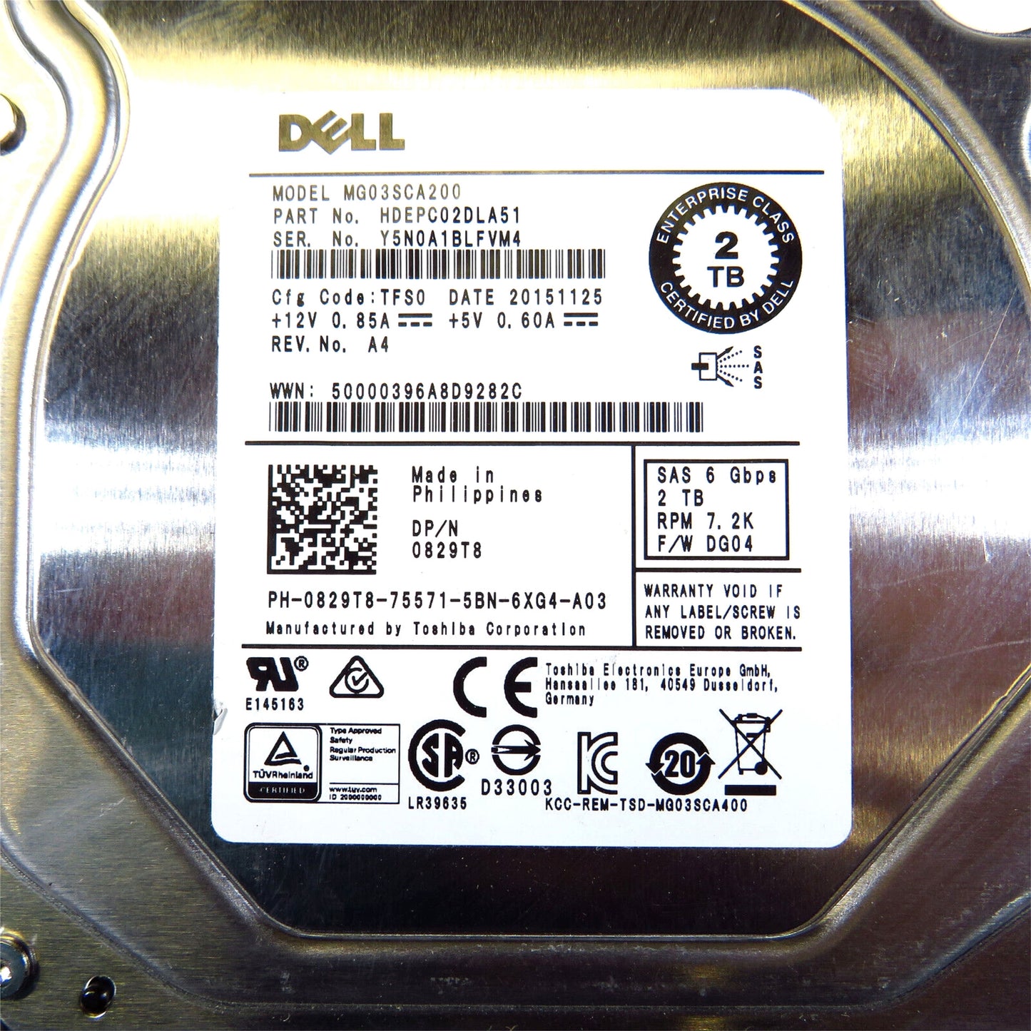 Dell 829T8 3.5" 2TB 7200RPM SAS 6Gb/s Hard Disk Drive (HDD), Silver (Refurbished)