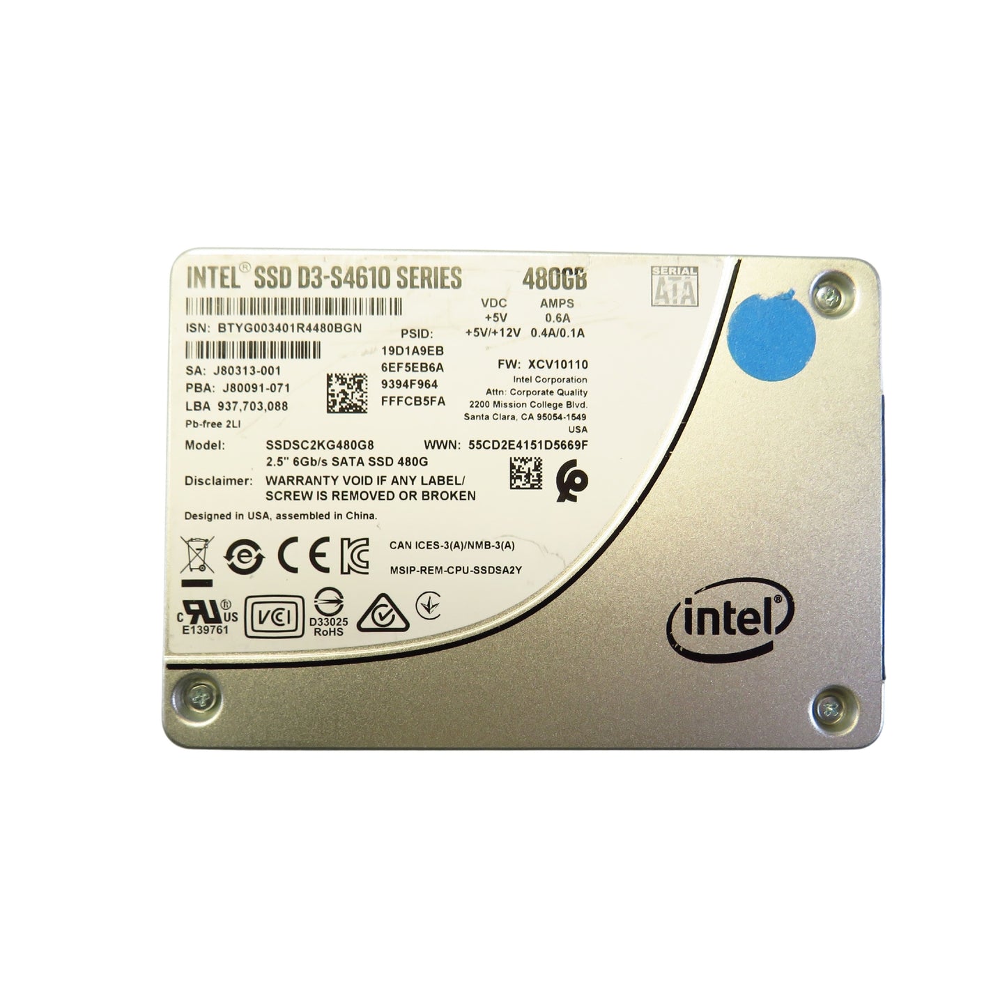 Intel SSDSC2KG480G801 480GB 2.5" SATA 6Gbps D3-S4610 SSD Solid State Drive (Refurbished)