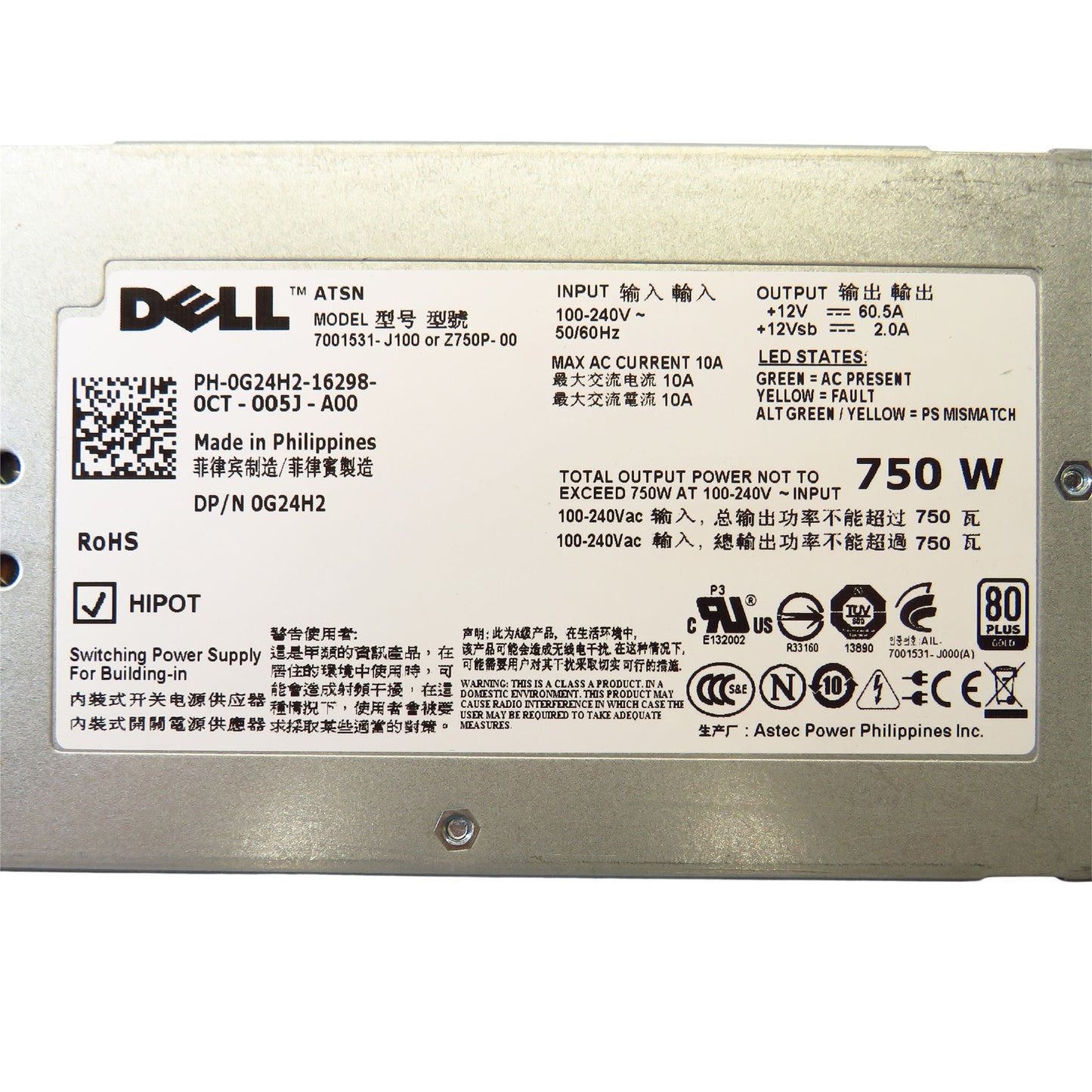 Dell G24H2 750W R510 PowerEdge Hot Swap Server Power Supply (Refurbished)