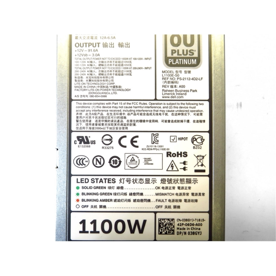 Dell 38GYJ 1100W Proprietary Power Supply (Refurbished)