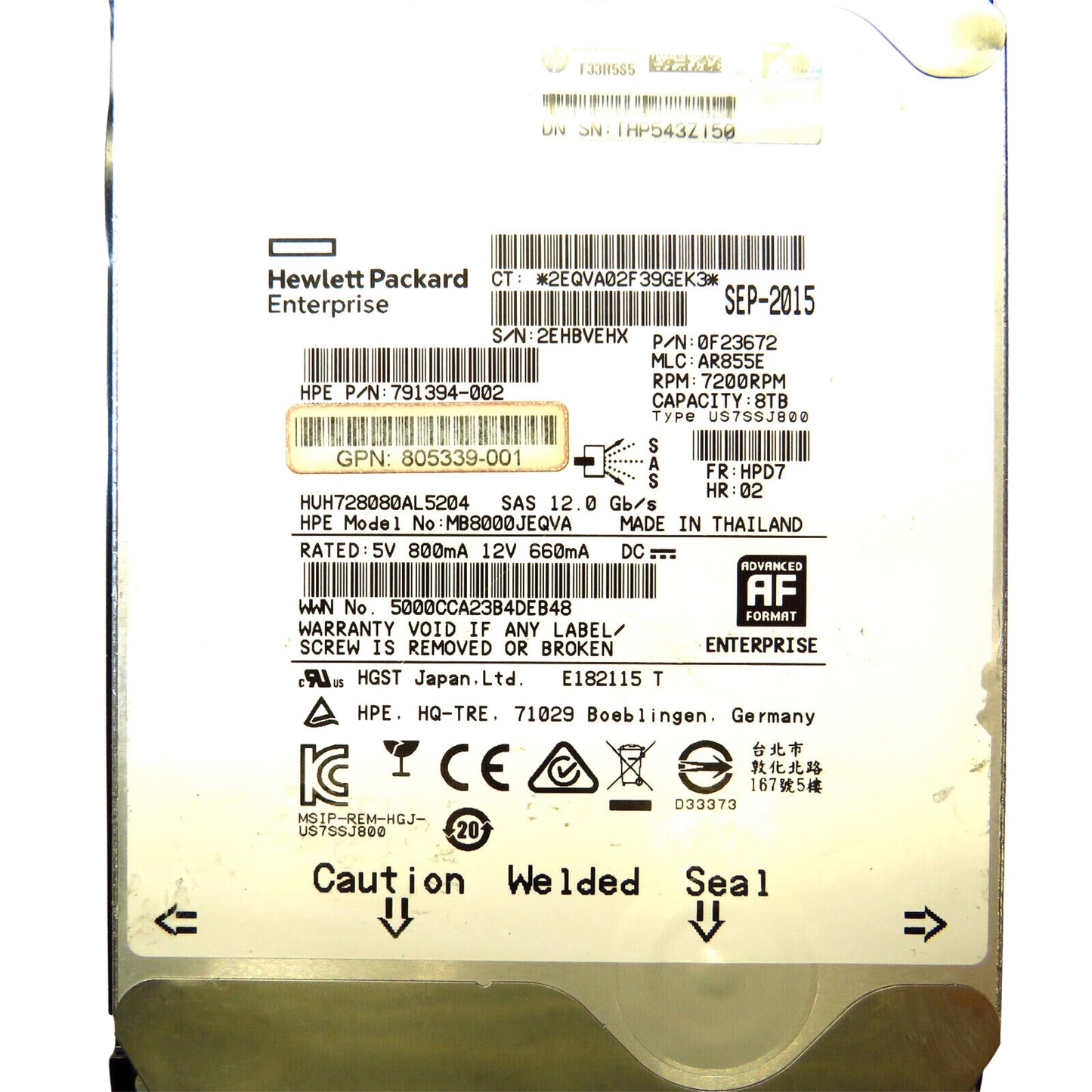 HP 805344-001 3.5" 8TB 7200RPM SAS 12Gb/s Hard Disk Drive (HDD), Silver (Refurbished)